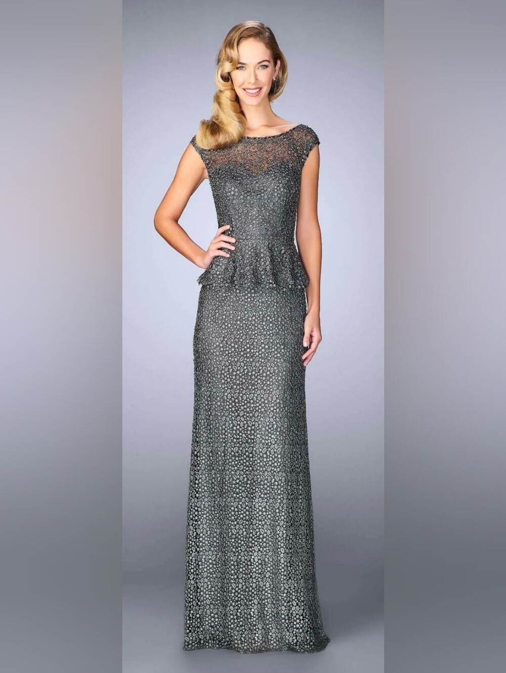 La Femme NWT Gunmetal Gray Rhinestone Peplum Maxi Gown Dress Size 2 #24896